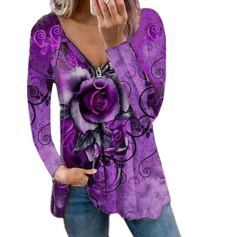 

Summer Women T Shirts Rose Printed Zipper V Neck Long Sleeve Loose Pullover Tees Casual Lady Tops Fashion Blouse Plus Size