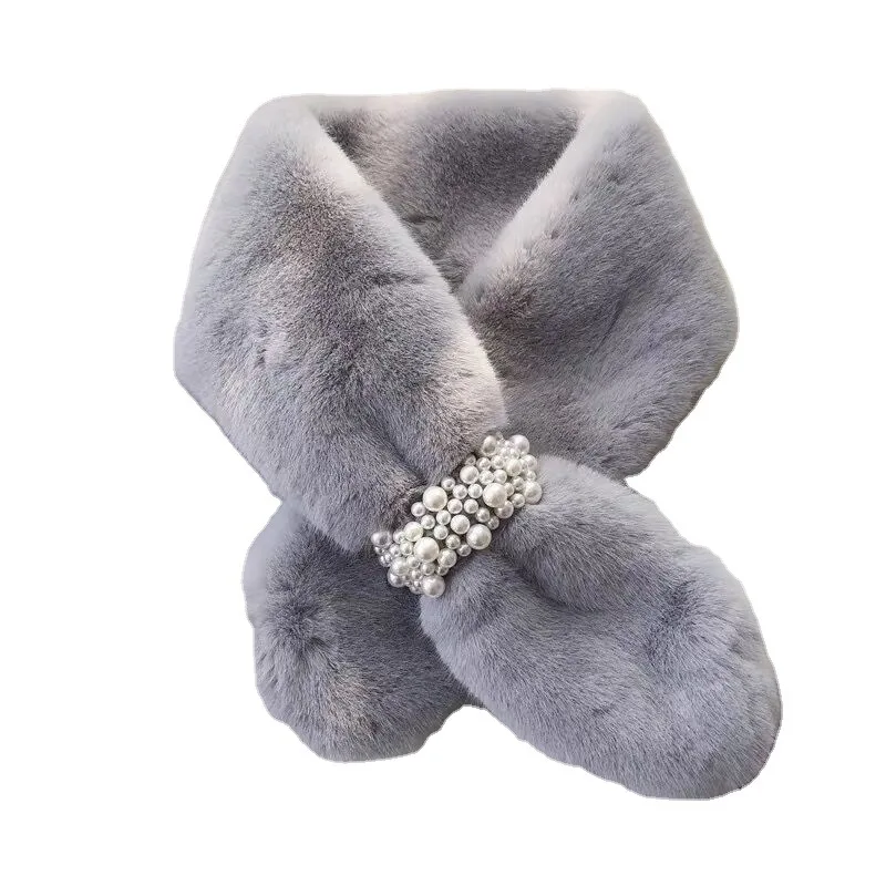 

New ladies bib scarf winter warm plush pearl buckle cross bib thick fashion imitation fur rex rabbit fur scarf Christmas gift