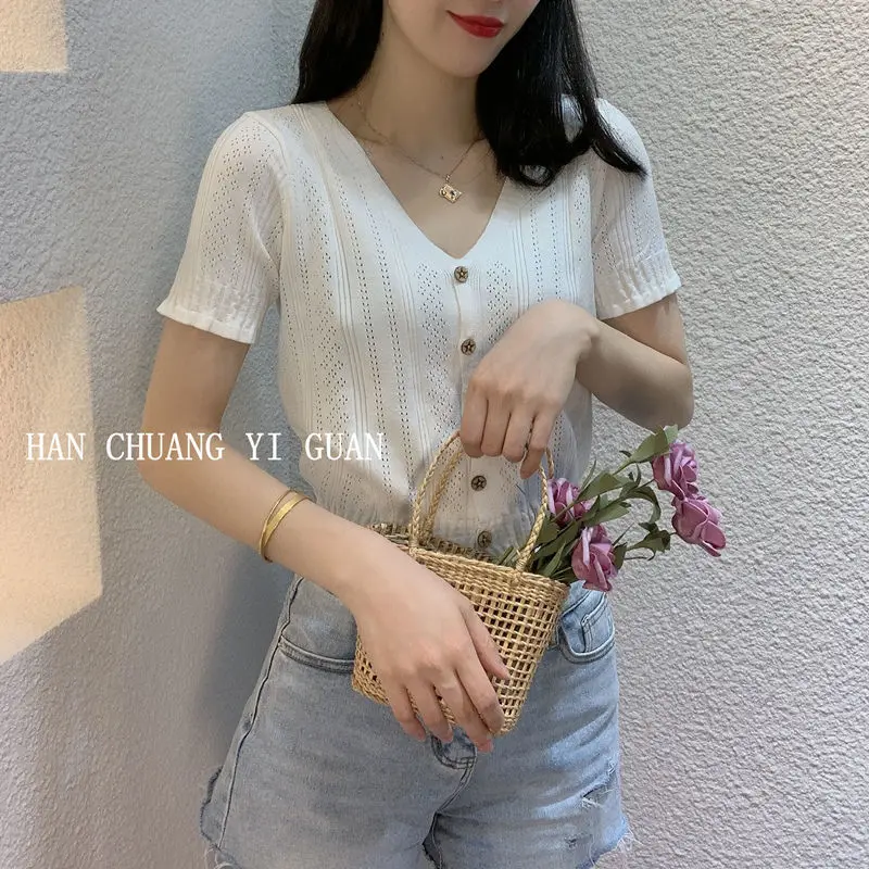 

2021 summer new V-neck short slim hollow cardigan top ice silk sweater short sleeve T-shirt girl