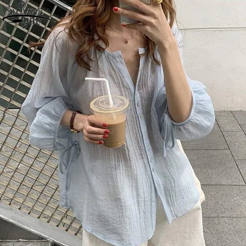 

Korean Loose Long Sleeve Blouse Chemise Summer New O-neck Lantern Sleeve Chiffon Blouse Super Thin Sun Protection Shirt 10349