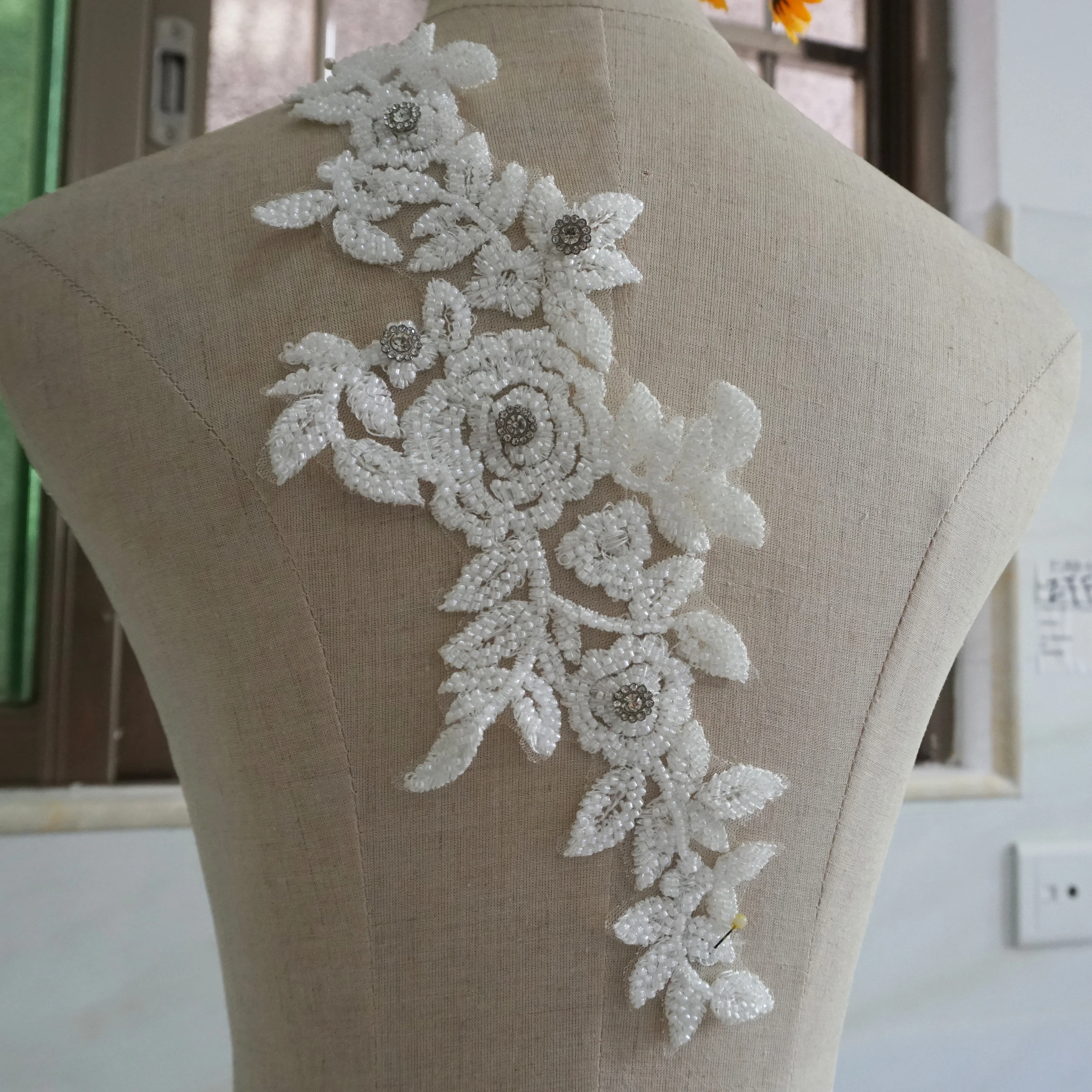 

32x13cm Ivory Beaded Lace patches Heavy Beading Lace Applique 2Pcs