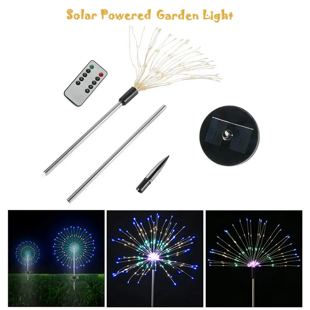 

2x Solar Sensor Firework dandelion Stake Light Remote Controlled Garden Light 150LED IP65 Landscape Lawn Party Lighting Decors