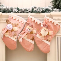 merry christmas pink large xmas stocking santa claus snowman elk fabric gift socks gift wrapping christmas pendant decorations