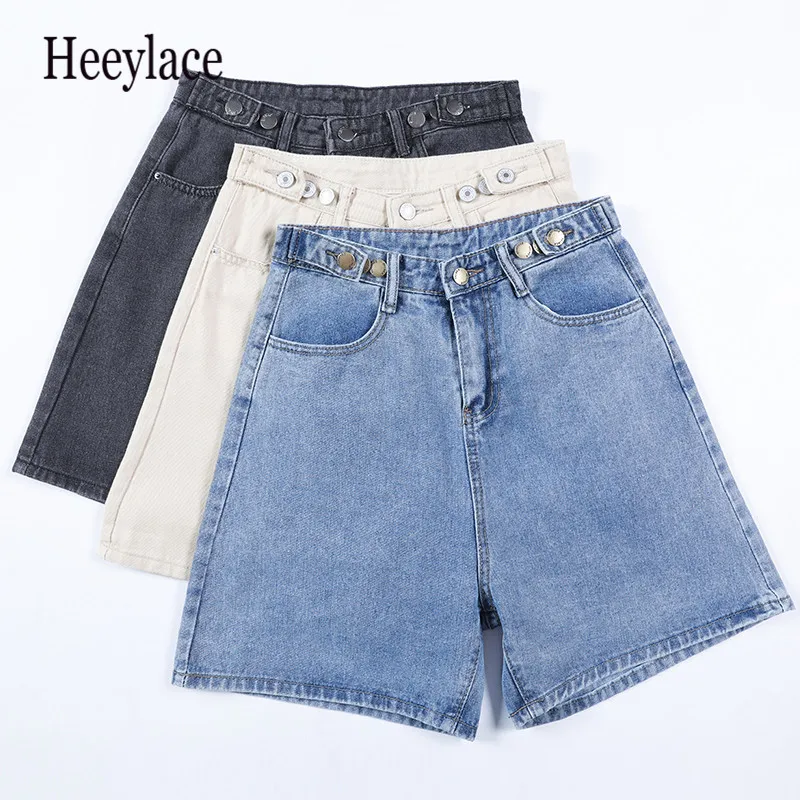 

2021 New Summer Women Button Wigh Leg Jeans Shorts Casual Female High Waist Loose Fit Blue Denim Shorts