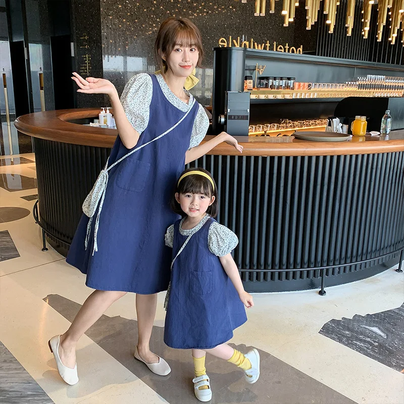 

Платье для мамы и дочки с цветочным принтом, Свободное длинное семейное наряды с коротким рукавом, имитация двух предметов, для лета