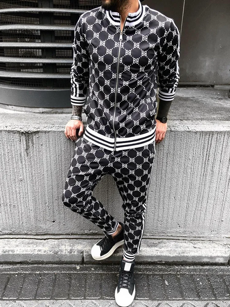 

Muscle Brother Sport Suits European American Trends 3D Print Fitness Zipper Hoodies Sweatpants Slim Casual Fashion Tracksuits