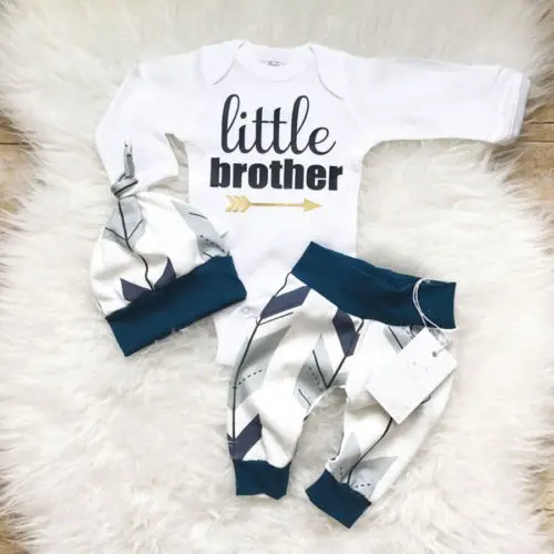 

Newborn Baby Boys Clothes 3 Piece Set Fashion Little Brother Letter Printed Romper Pants Hat Infant Outfits Set Clothes 0-24M