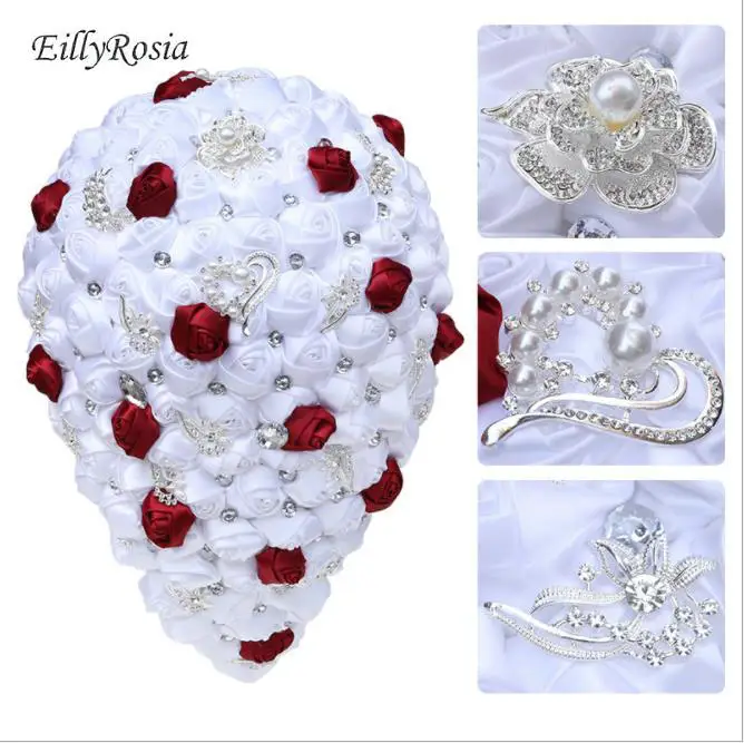 

White Waterfall Bridal Bouquet Satin Roses Customized Color Crystals Jewelry Brooch Bouquet for Bride Wedding Accessory Africa