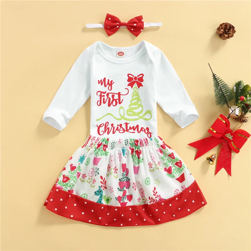 

3 шт., комплект одежды для новорожденных девочек, комбинезон с длинным рукавом и буквенным принтом + мультяшная юбка + повязка на голову