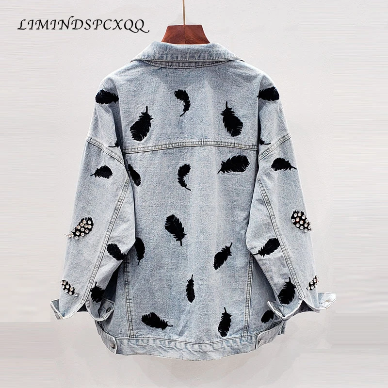 Blue Embroidered Feathers Denim Jacket Women Loose Style Oversized Jeans Coat 2021 Spring Autumn New Version Casual Basic Jacket