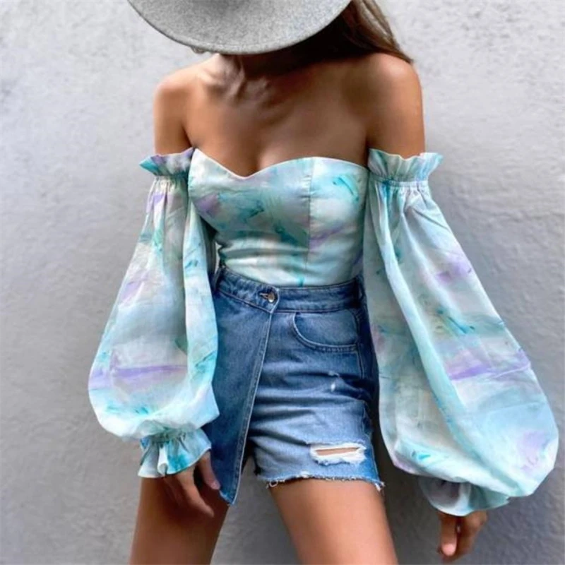 

FUFUCAILLM Новая женская блузка с рюшами рукава с воздушными шарами Топы смешанных цветов цветочный узор вырез лодочкой сексуальные элегантные ...