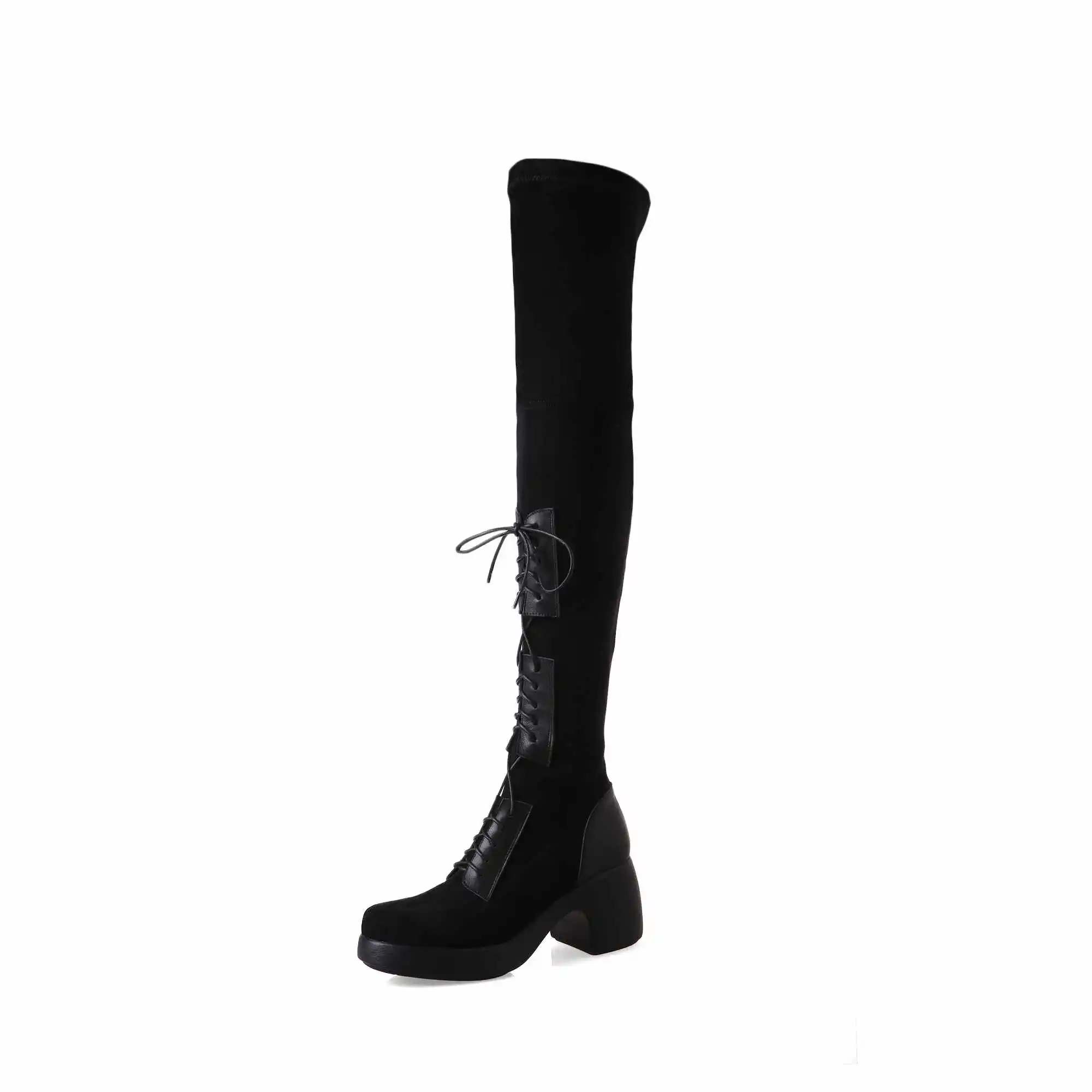 Lenkisen unique lace up stretch boots round toe high heels thick bottom winter keep warm women fashion over-the-knee boots L32