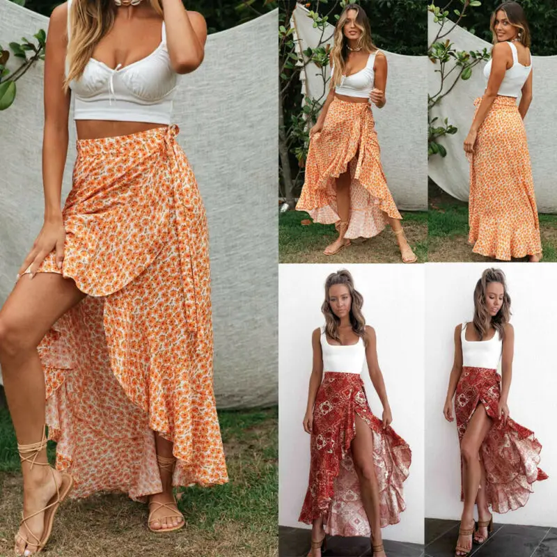 

Women Sexy Floral High Waist Ruffled Long Skirt Split Boho Beachwear Wrap Skirt Fashion Casual Slim Print Bikini Cover Up Skirt