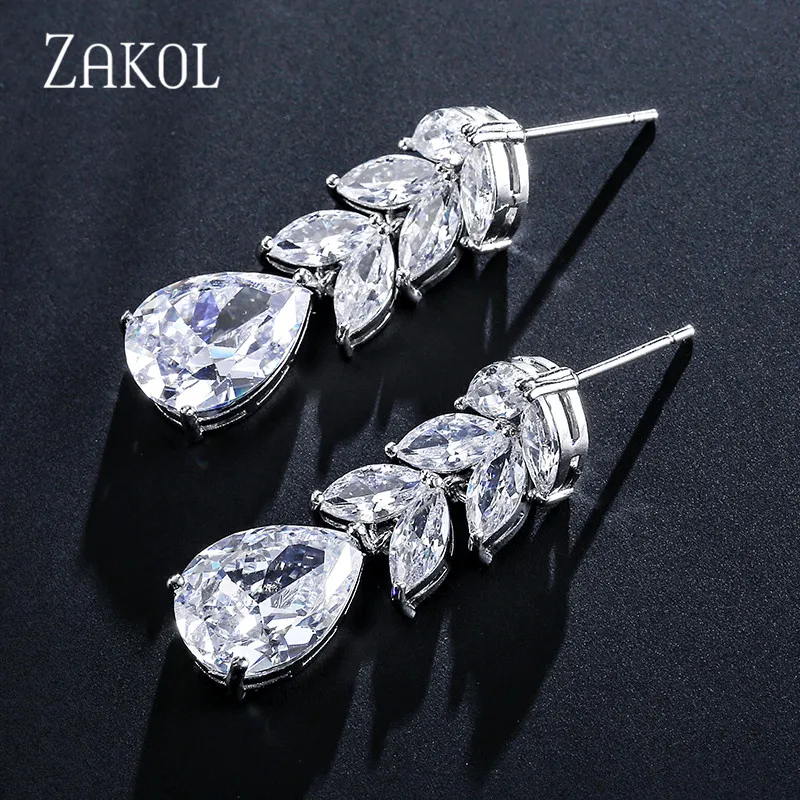 ZAKOL Модные женские висячие серьги с фианитами в виде листьев для женщин блестящие