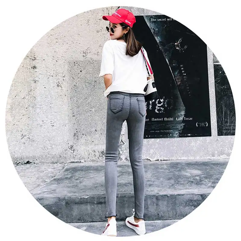 Серые джинсы женские 2019 новые корейские с высокой талией эластичные тонкие и