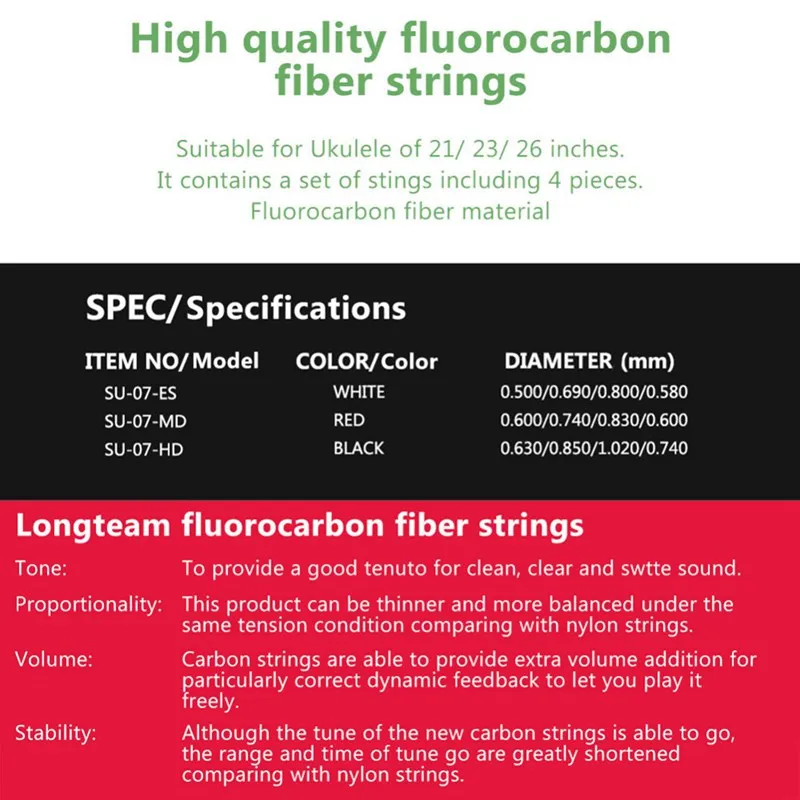 

Longteam Ukulele Carbon Strings Fluorocarbon Fiber Strings for 21/ 23/ 26 Inches of Guitar Ukulele Part