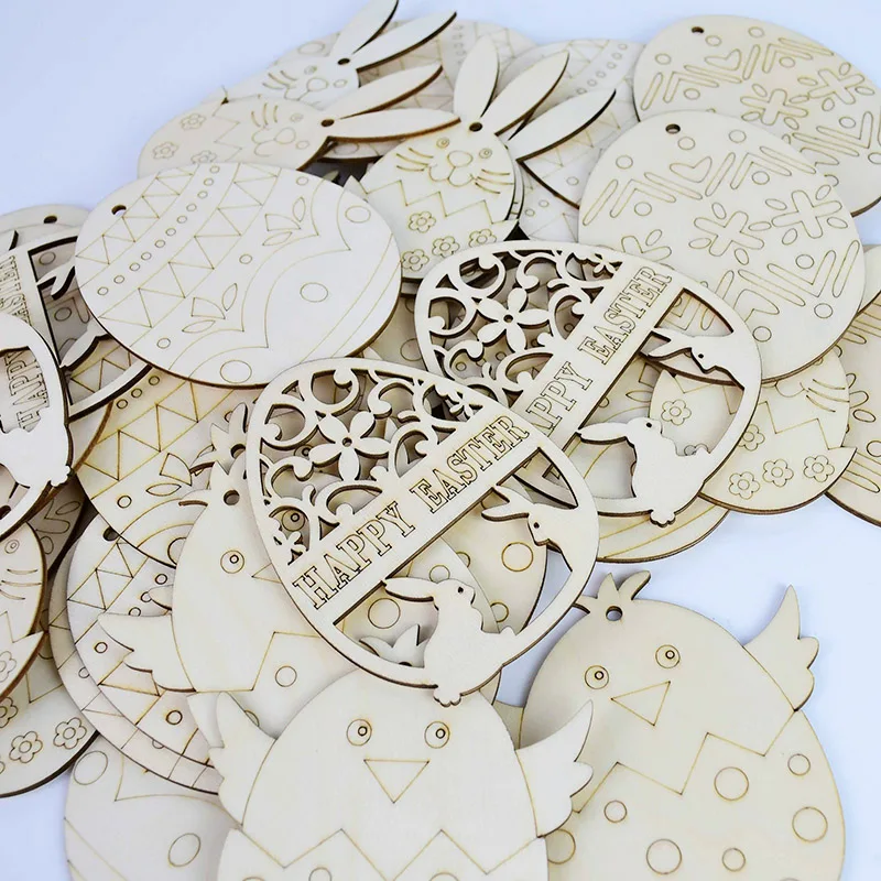 

10pcs DIY Natural Wooden Chip Easter Home Hanging Ornaments Pendant Wood Color Happy Easter Rabbits Eggs Ornaments Decorations