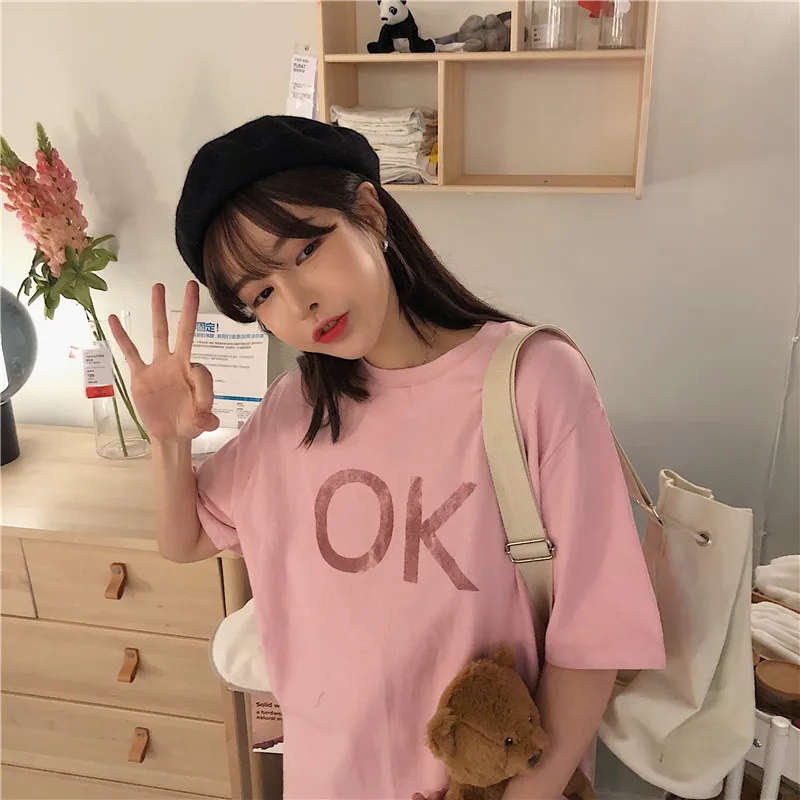 

2021 Summer Short Sleeve T-shirt Women's Casual Bts Trendy Roomy Harajuku BF Top Hip Hop Cotton Top Tees Oversize Letter T Shirt