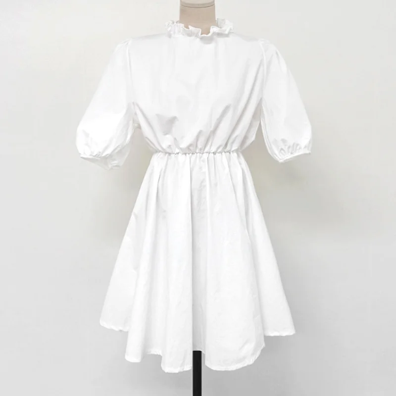 

KUSAHIKI Chic Sexy Backless Women Dress Puff Sleeve Ruffle Stand Neck Vestidos Femme Korean Slim Waist A-line Dresses 6H291