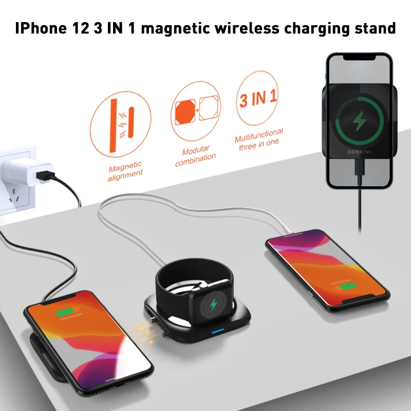 

3 In 1 Folding Wireless Charger 15W For iPhone12 12 Pro iWatch airpods For Apple Qi Wireless Charging phone Station Stand
