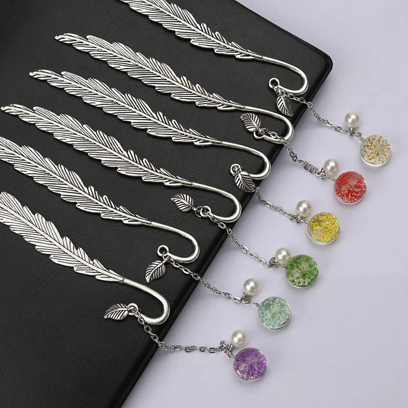 

6 Pieces Metal Feather Bookmarks with Dry Flower Pearl Pendant Crafts Vintage Creative Book Mark Clip Page Marker