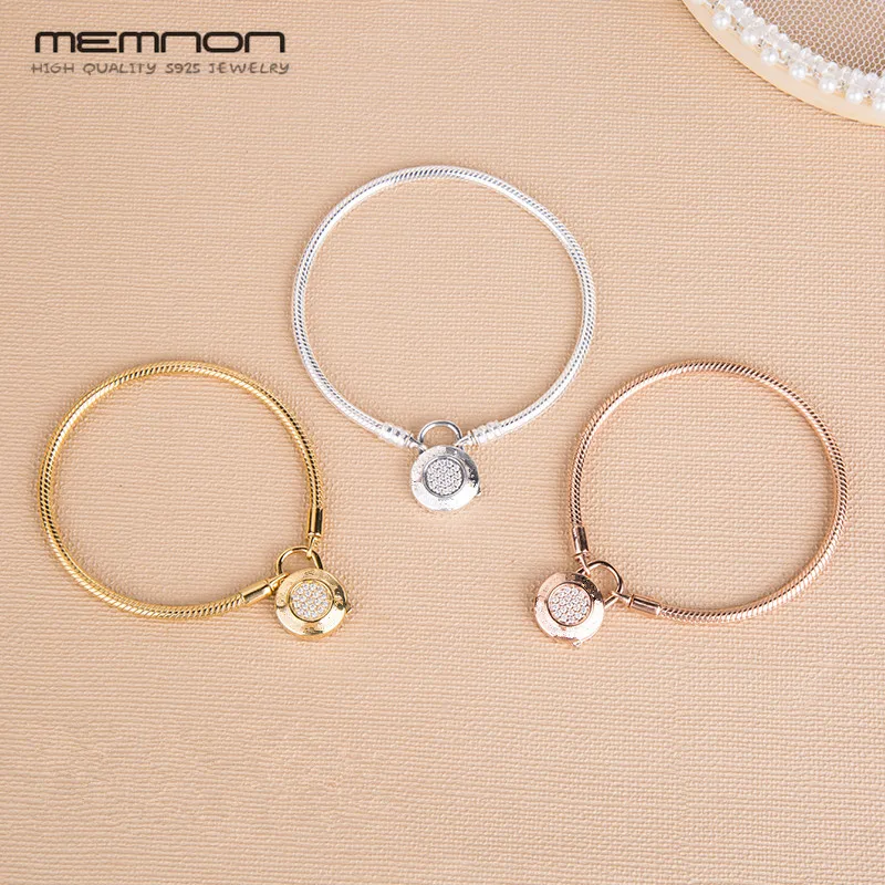 

Серебряные гладкие блестящие золотые и розовые золотые браслеты Memnon для женщин 925 Стерлинговое Серебро фирменный замок Браслет Подвески DIY