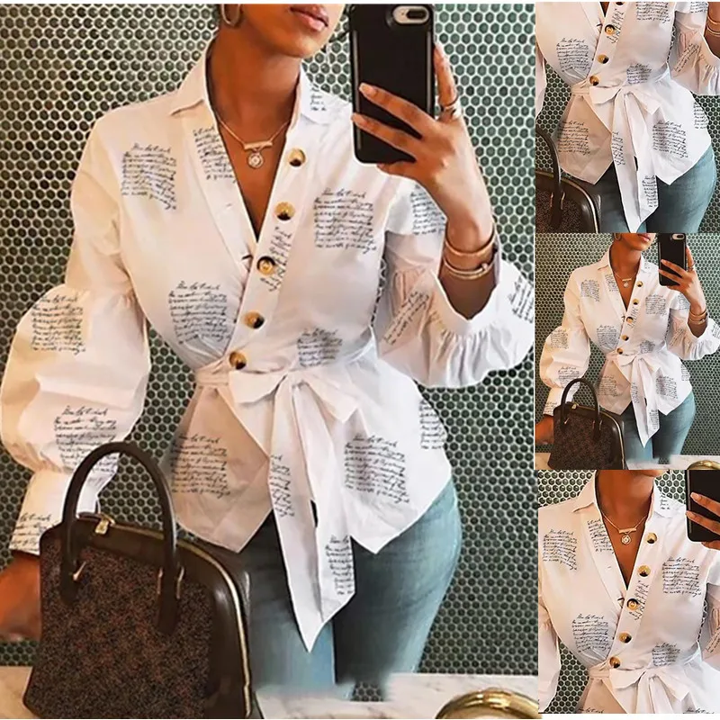 

2021 Autumn And Winter Long Sleeve Blouse Women Casual Fashion Temperament Printed Lantern Sleeve V-Neck Loose White Slim Shirt