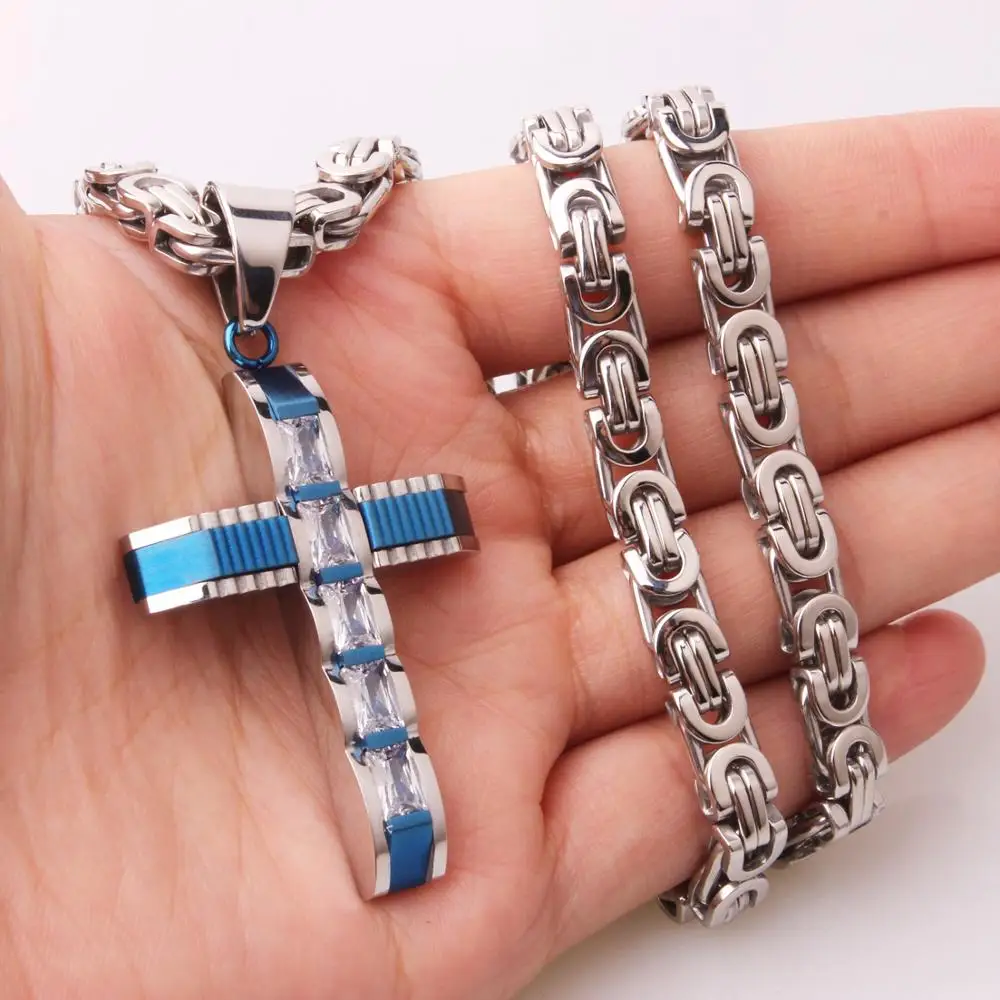 Модный Синий Серебряный цвет мужской крест кулон ожерелье из нержавеющей стали