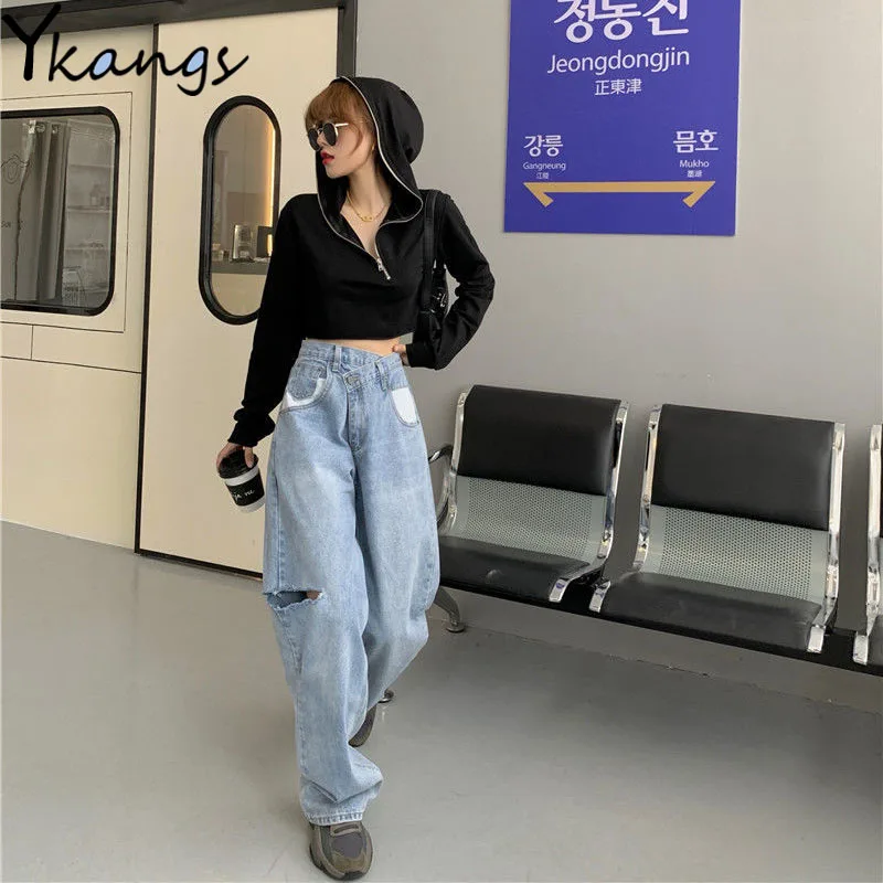 

Irregular High Waist Ripped Hole Wide Leg Jeans Baggy High Street Women Denim Pants Casual Harajuku Streetwear Straight Trousers