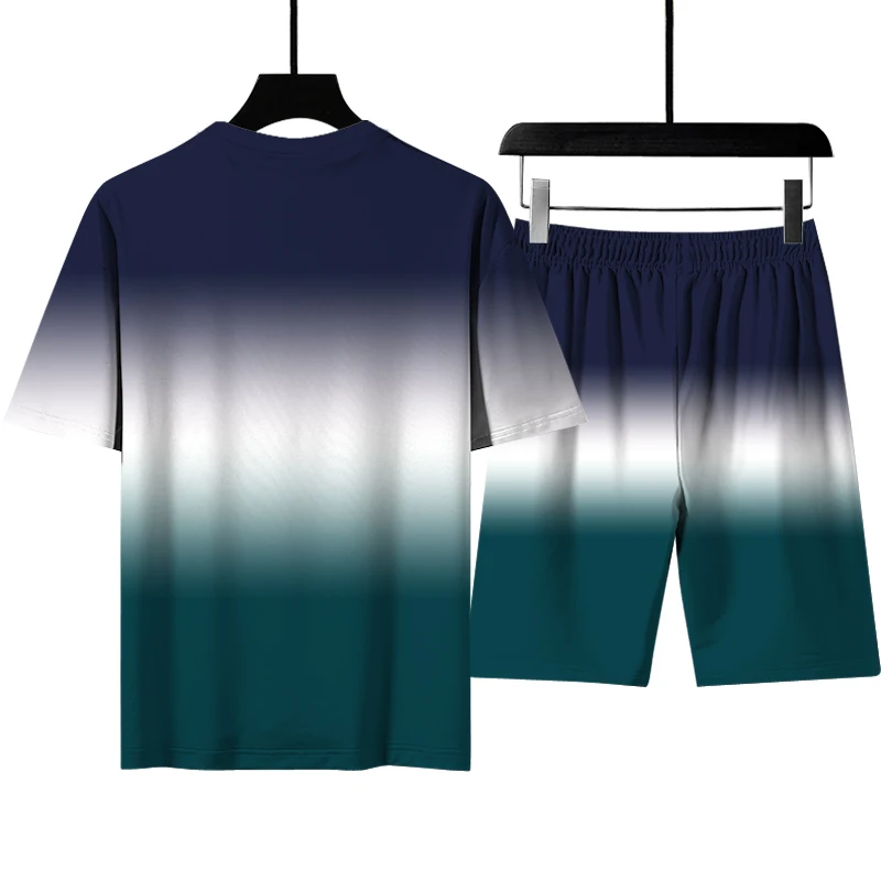 

European And American New Summer Men's Oversized T-shirt 3d Striped Gradient Fashion Casual Short-sleeved Sports Suit