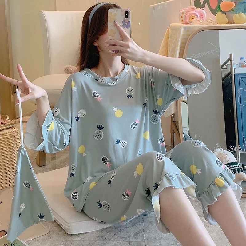 

YRRFUOT New Ruffled Pajamas Women's Suit Summer Ladies Casual Cartoon Cute Home Clothes Send Storage Bag Sleepwear Women