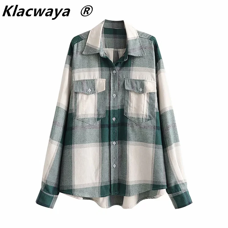 

Klacwaya 2021 Модные женские асимметричные блузки большого размера в клетку винтажные женские рубашки с длинным рукавом и карманами с боковыми разрезами шикарные топы
