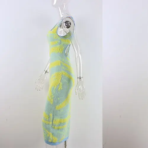 

2021 Print Knit Bodycon Dress Women Green Y2K Summer Hollow Out Sexy Sleeveless Spaghetti Strap Beach Midi Dresses Party