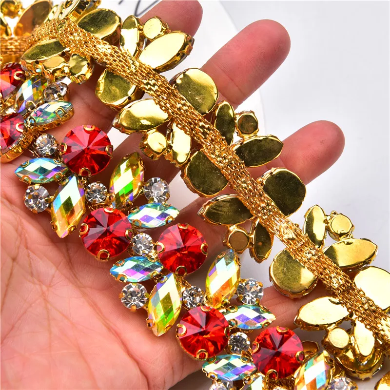 Супер близко Стекло камня 1 ярд 3 2 см Мульти Цвета Сиам желтые стразы цепь золотая