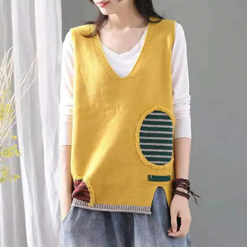 

2020New Spring Autumn Winter Fashion Stripe Patch Vest Loose Pullovers V Neck Knitted Sleeveless Casual Sweater Vest Gilet Femme