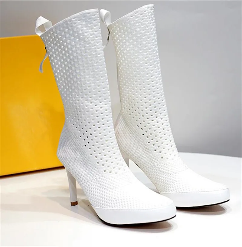 

Fashion Women Stretch Knitting Ankle Boots 2021 Spring Hollow Out Runway Boots Zip High Heels Dress Shoes Designer Botas Mujer