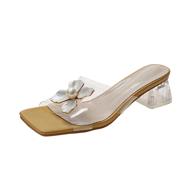 

2021 Summer Women's Shoes Slippers Slip-On Solid Flower Square Toe Fashion Sweet Elegant Med Heels Square Heel Transparent