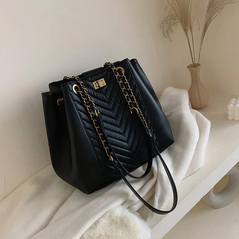 29 CM Black Элегантная женская большая сумка-тоут, новинка, Высококачественная кожаная женская дизайнерская сумка, вместительная сумка-мессенджер на плечо с цепочкой - Цвет: 29 CM Black