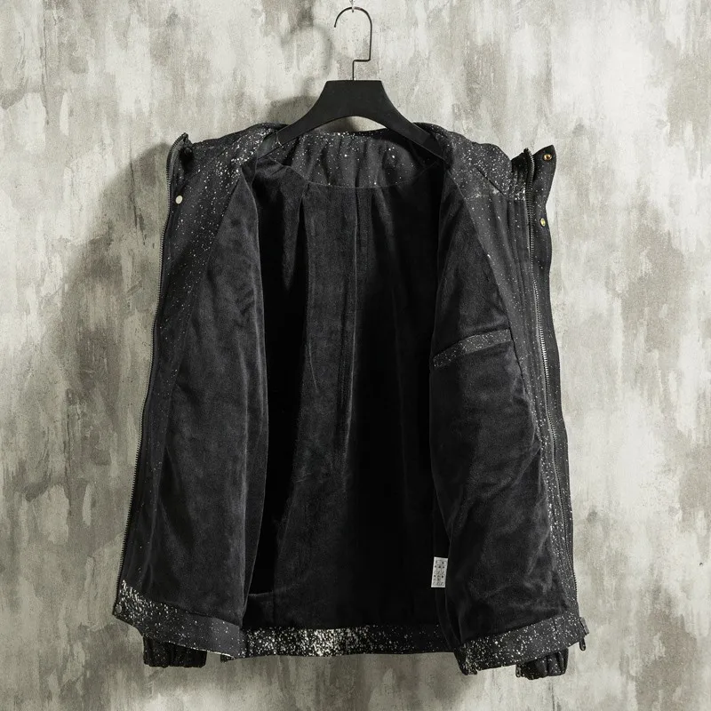 

Plus Fleece Thickening Coat Men Autumn Winter Hooded Splash Ink Loose Korean Style Jacket Fashion Colleage Black Streetwear