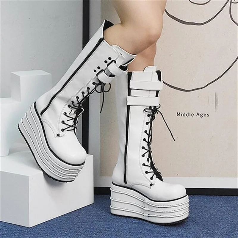 

Fashion casual gothic punk women's thick-soled boots black buckle with zipper large size wedges mid-calf combat women's boots