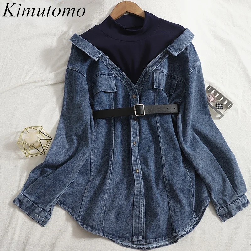 

Kimutomo Chic Fake Two Shirts Woman Autumn New Korean Ins Stitching Half-high Collar All-match Waist Single Breast Denim Jacket