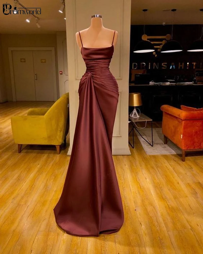 

Simple Burgundy Mermaid Formal Evening Dress Abendkleider 2021 Spaghetti Straps Pleat Satin Arabic Dubai Prom Dresses Long