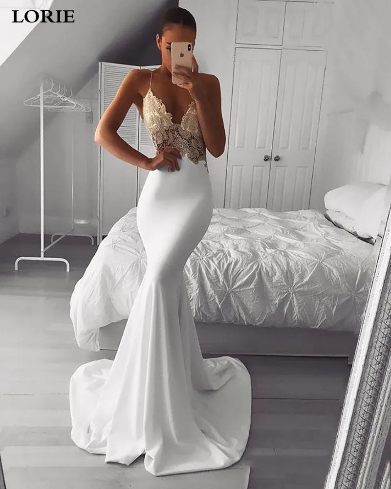Белый LORIE Русалка свадебное платье мягкий Атлас Vestidos de novia винтажное кружевное свадебное платье на тонких бретельках Свадебные платья - Цвет: Белый