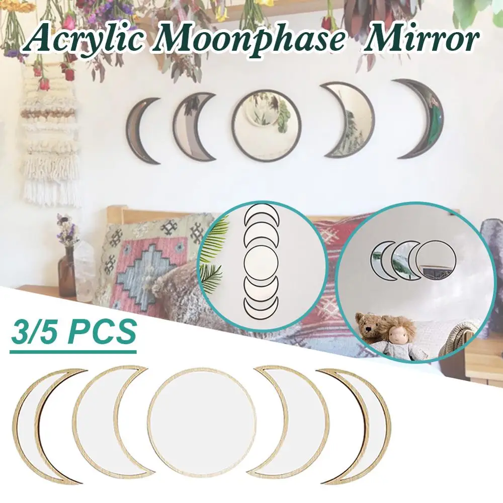 

3PCS/5PCS Moon Mirrors for Wall Decor Mirrors Living Room Nordic Style Wooden Decorative Mirror Moon Phase Wall Bedroom Mirror