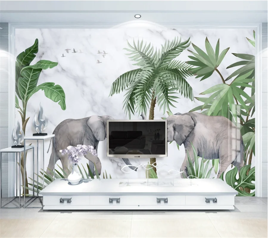 wellyu Customized wallpaper 3d fresh elephant marble pattern plant forest background living room bedroom wall | Обустройство дома