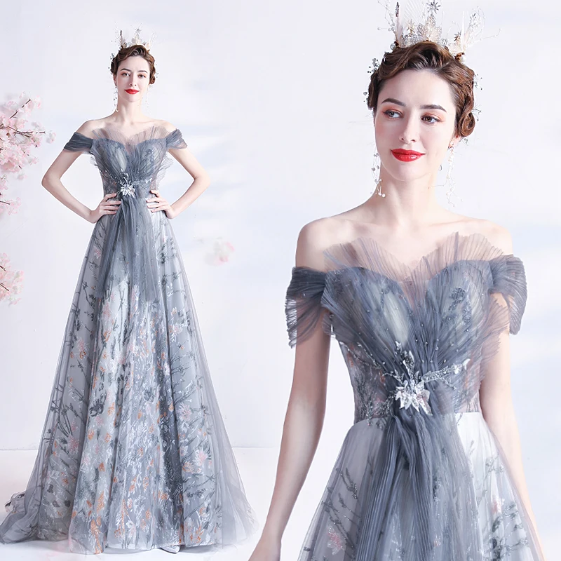 

Grey Mesh Sequins Beaded Plus Size Bridesmaid Wedding Long Dress Party Birthday Evening Dresses Women