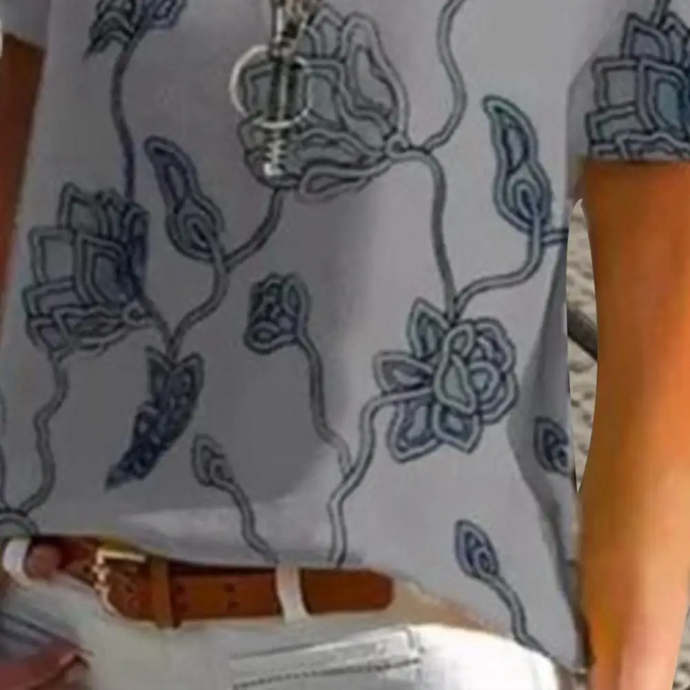 

Summer Trend Fashion Tshirt Floral Print Short Sleeve Skin-friendly Loose Women Zipper VNeck Top Daily Wear Retro Casual Fashion