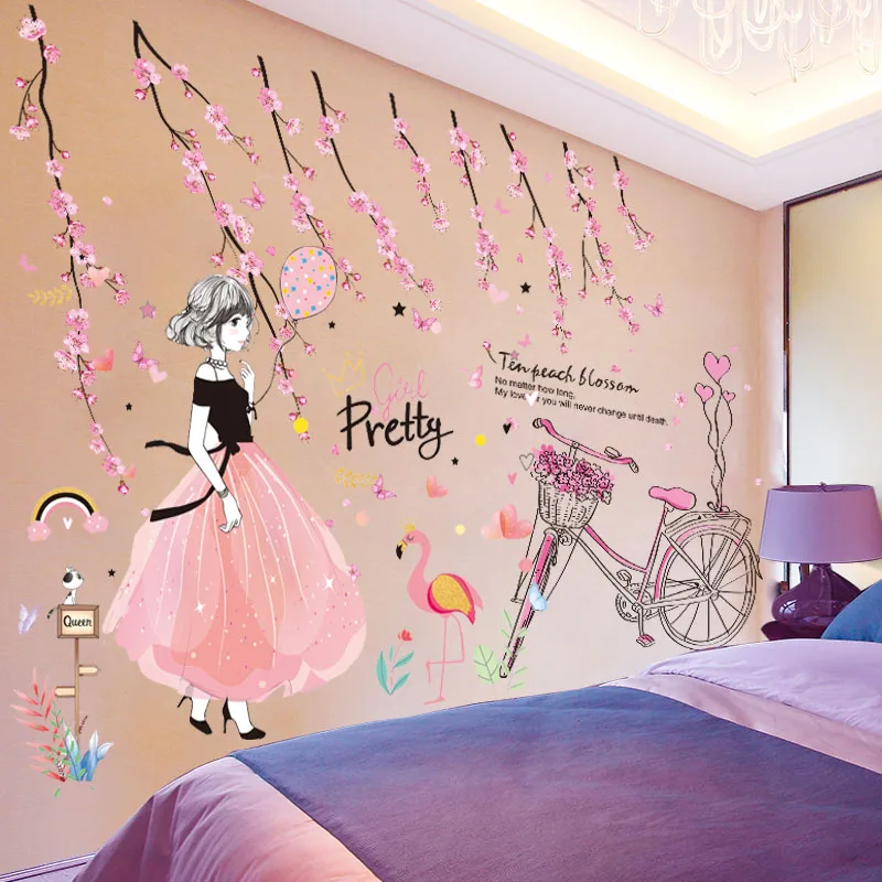 [SHIJUEHEZI] Cartoon Girl Wall Stickers DIY Peach Flowers Bicycle Mural Decals for Kids Rooms Baby Bedroom Nursery Decoration
