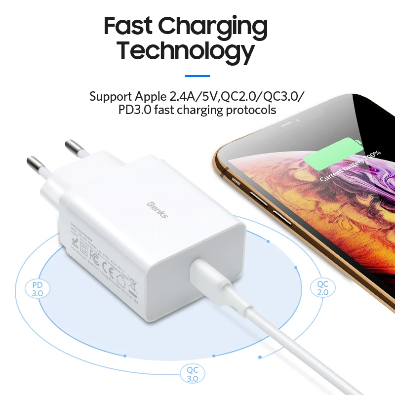 Benks 18W USB C PD 3 0 адаптер быстрой зарядки 5V 3A/9 V 2A портативное быстрое зарядное