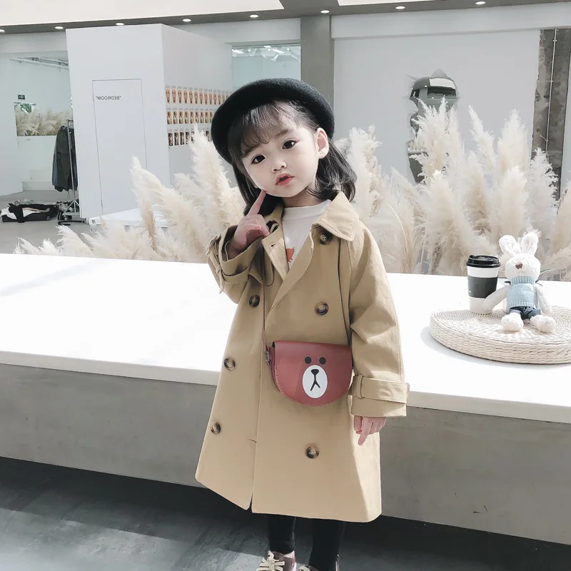 2020 girls' windbreaker middle and small children's autumn new double-breasted casual jacket mid-length coat children | Детская